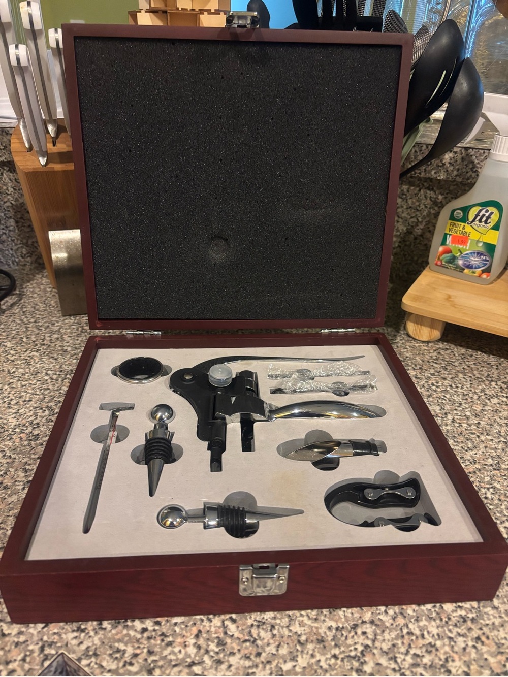 Wine Accessory Set with Wood Display Case - Silver Accents
